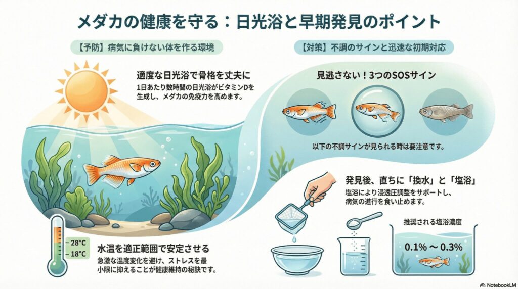 メダカの健康を守る。日光浴と早期発見のポイント